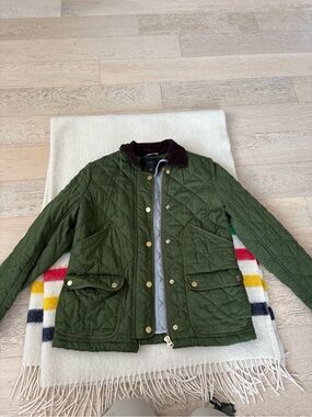 J. Crew Olive Green Quilted Jacket with Dark Corduroy Collar